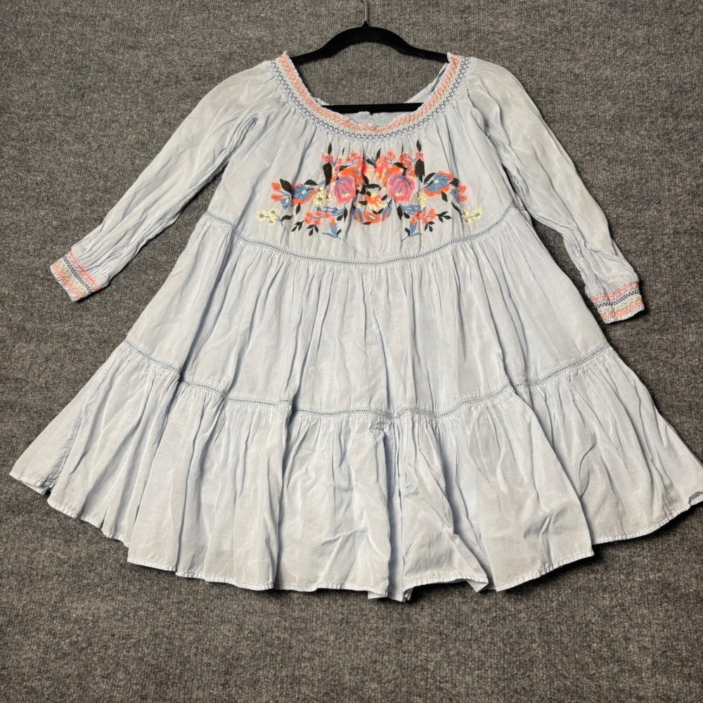 Free People Sunbeams Mini Dress Womens Small Light Blue Embroidered Smocked Boho